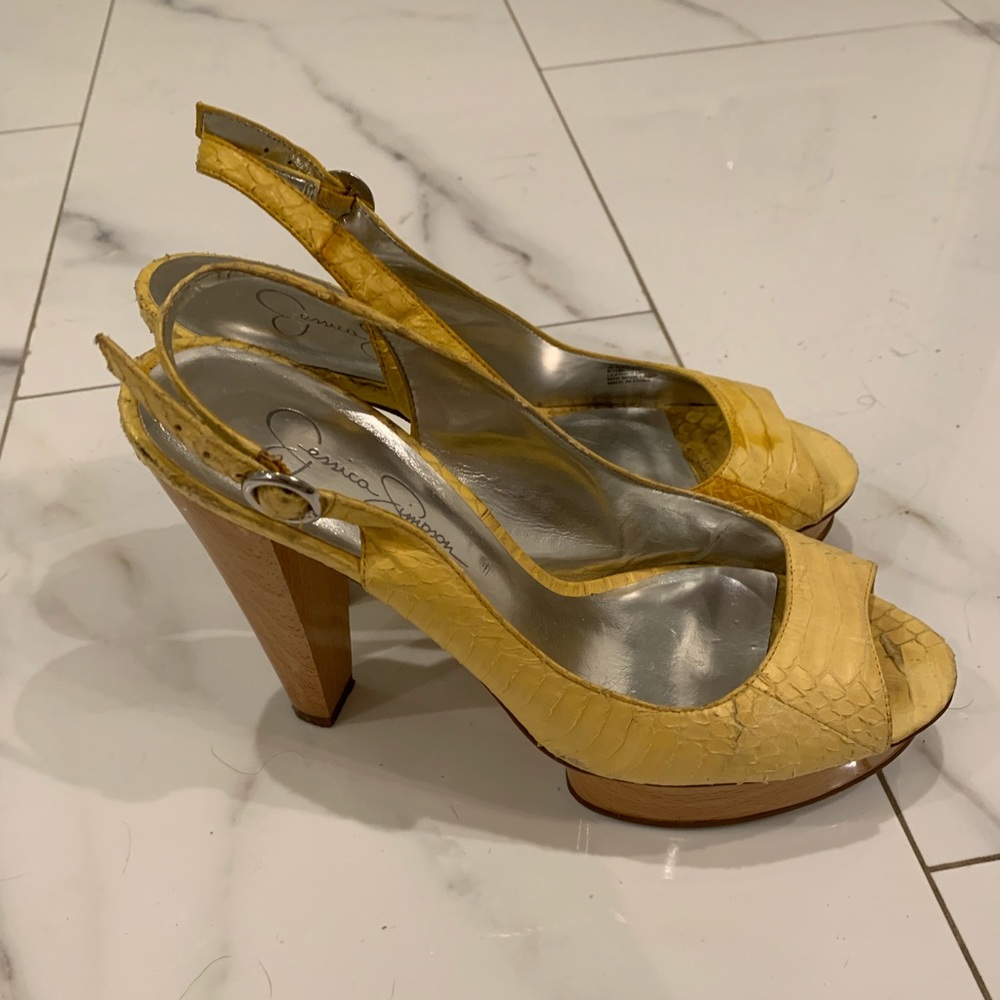 Jessica Simpson yellow snakeskin platform heels